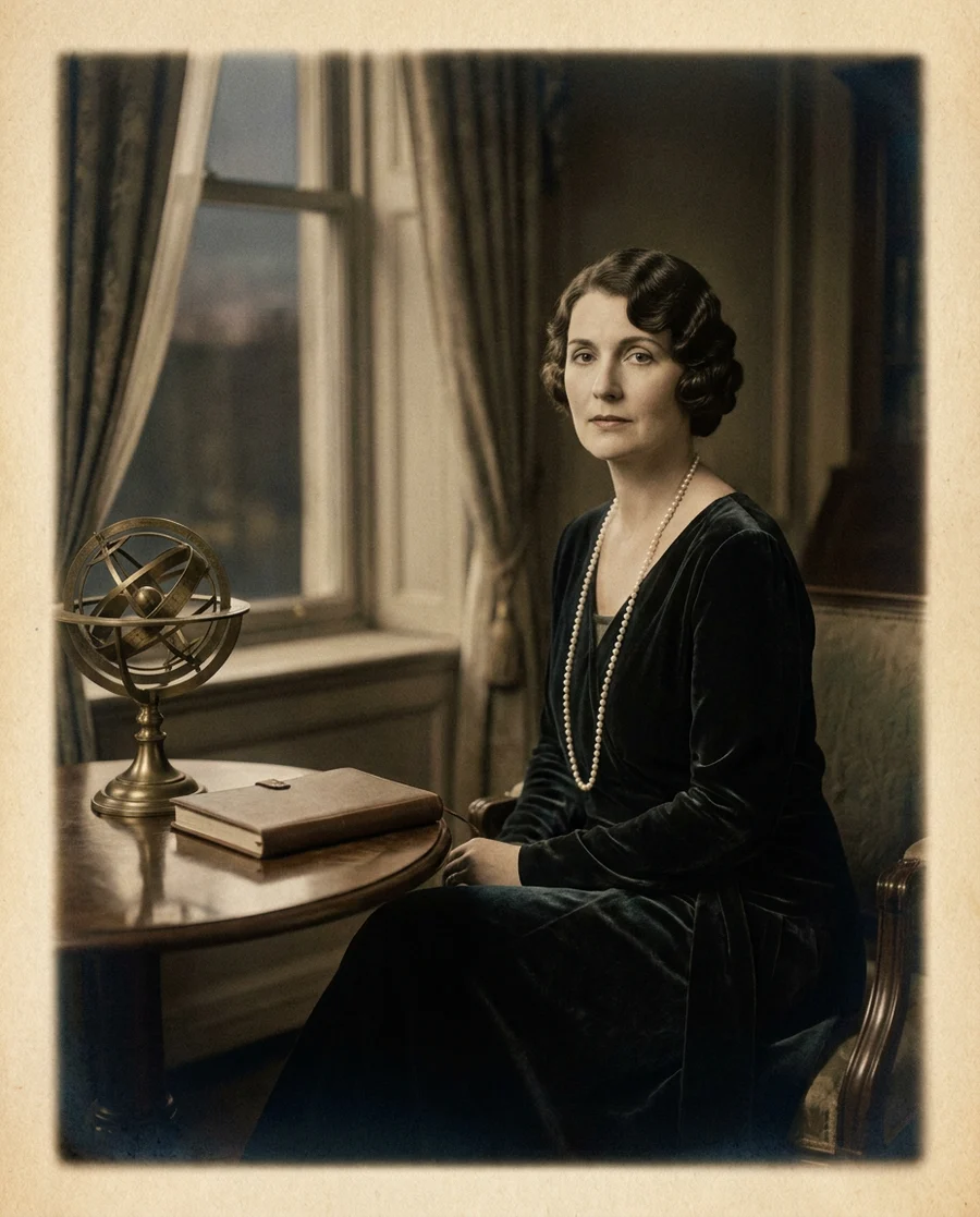 An old photograph of the founder of the Celeste Salon, New York, 1923, seated beside a brass armillary sphere